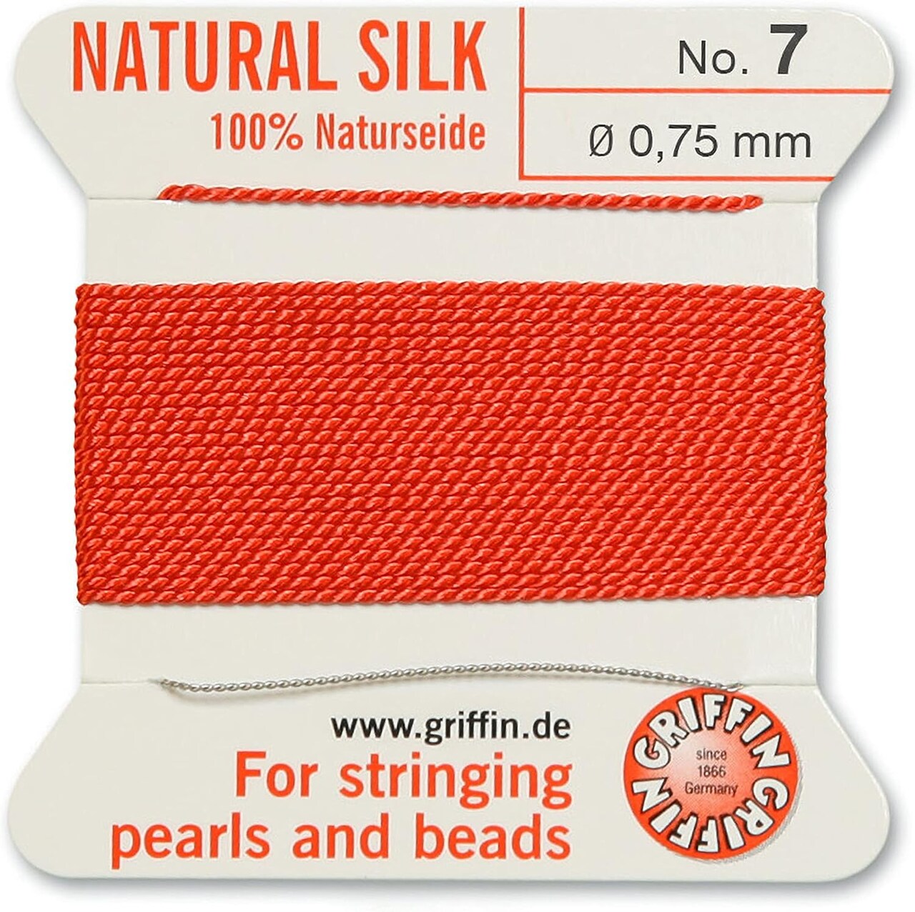 Griffin Silk Bead Cord Perlseide – Size 7 (0.75mm) – 2 Meters per Card – Stainless Steel Needle Attached – for Knotting Pearls, Gemstones, Crystals and Beads